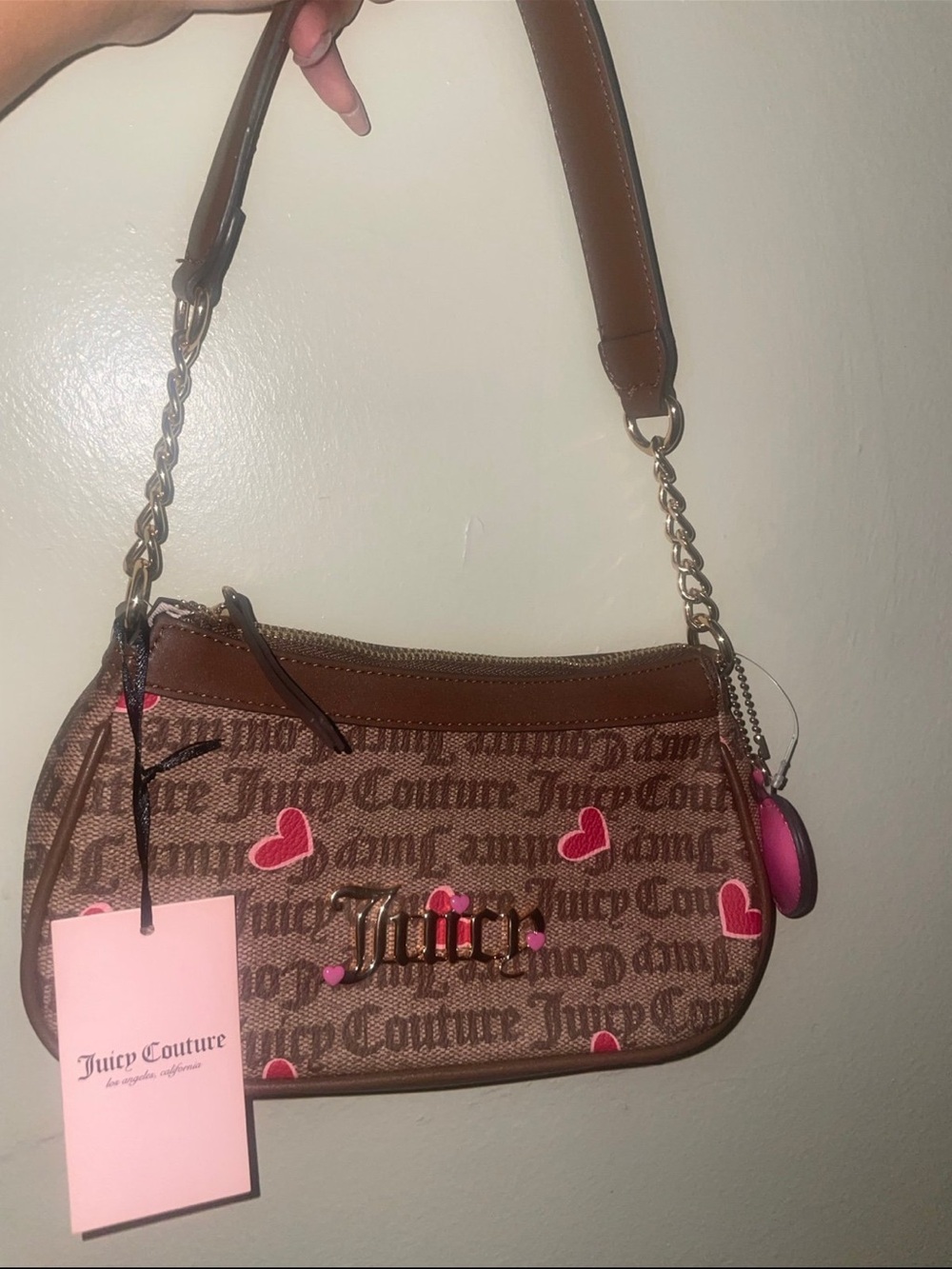 Juicy Couture Brown Shoulder Bag with Pink Heart Accents